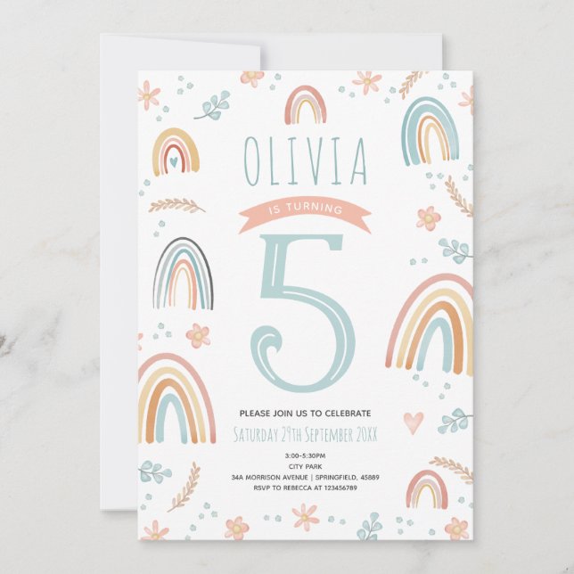 Girls Cute Rosa Boho Rainbow Blommigt Birthday Inbjudningar (Framsida)