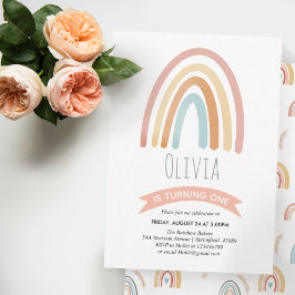 Girls Cute Rosa Boho Rainbow Första födelsedagen Inbjudningar