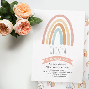 Girls Cute Rosa Boho Rainbow Första födelsedagen Inbjudningar