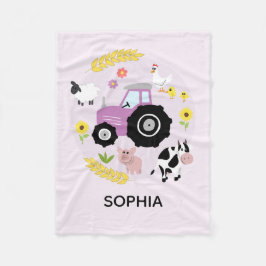 Girls Cute Rosa Boskap Traactor & Namn Kids Fleecefilt