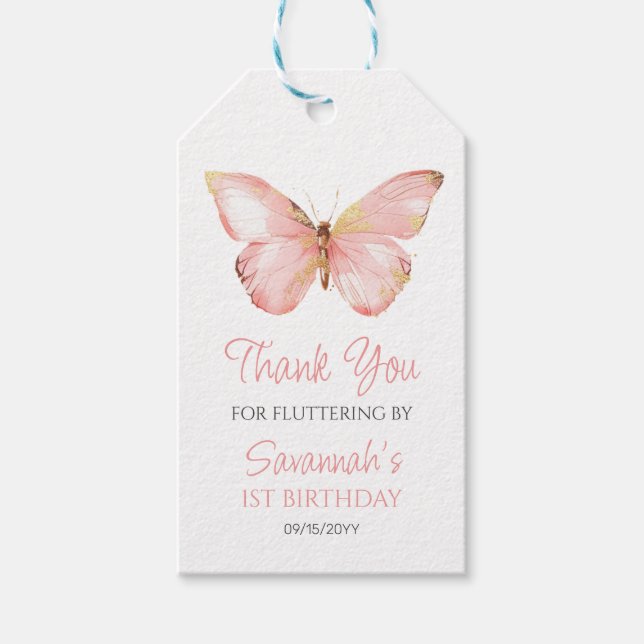 Girls Cute  Rosa Butterfly 1:a födelsedagen Party Presentetikett (Framsidan)