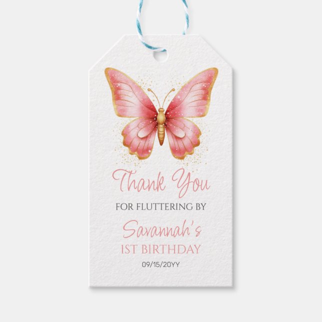 Girls Cute Rosa Butterfly 1:a födelsedagen Party Presentetikett (Framsidan)