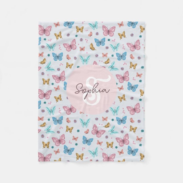 Girls Cute Rosa Butterfly Kids Monogram Fleecefilt (Framsidan)