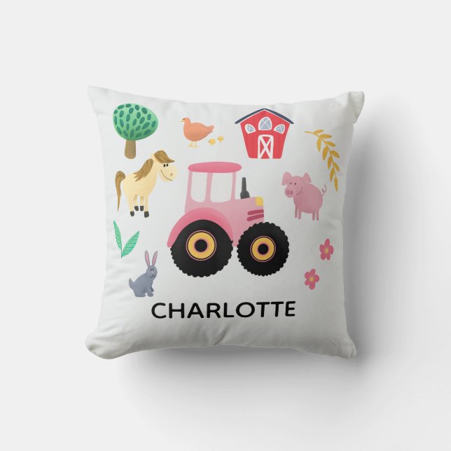 Girls Cute Rosa Farm Animal Tractor Kids Nursery Kudde (Framsida)