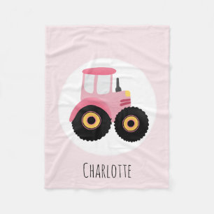 Girls Cute Rosa Farm Tractor & Namn Kids Fleecefilt