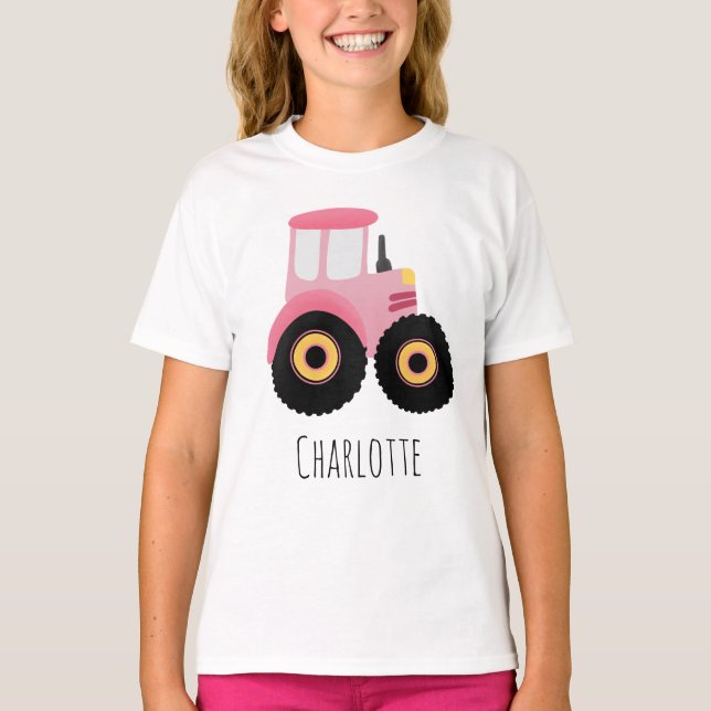 Girls Cute Rosa Farm Tractor Tecknad T Shirt (Framsida)