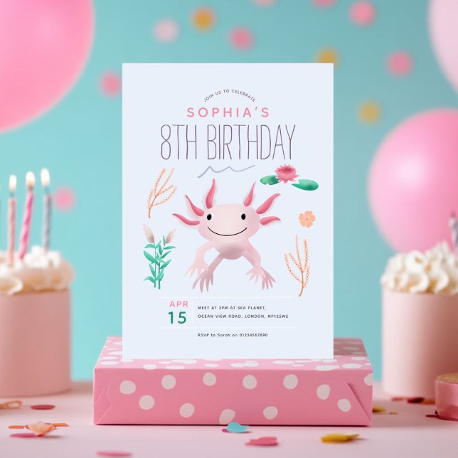 Girls Cute Rosa Kawaii Axolotl 8:e födelsedagen Inbjudningar (Skapare uppladdad)
