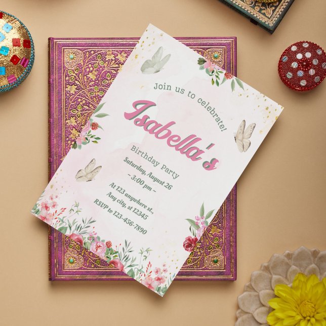 Girls Cute Rosa Lila Butterfly Barns födelsedag Inbjudningar (Whimsical Butterfly Birthday Invitations - 2nd Birthday Celebration
)