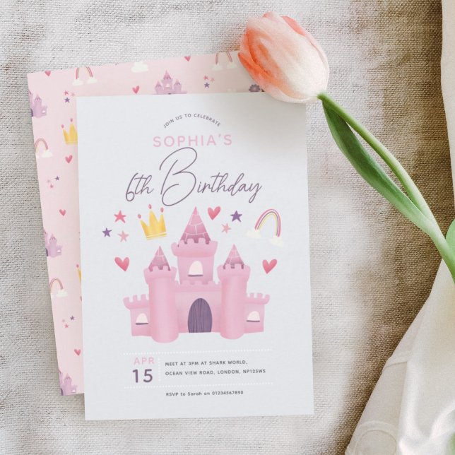 Girls Cute Rosa Princess Palace 6e Birthday Inbjudningar (Skapare uppladdad)