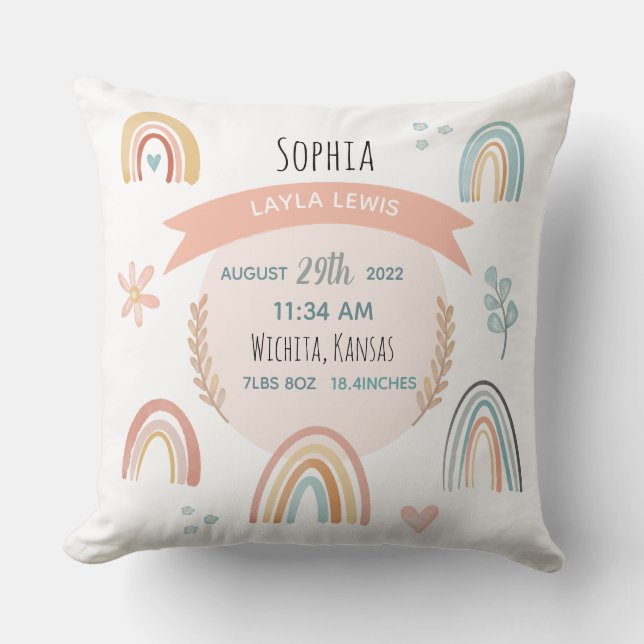 Girls Cute Rosa Rainbow Birth Stats Baby Nursery Kudde (Framsida)