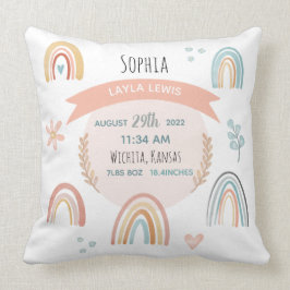 Girls Cute Rosa Rainbow Birth Stats Baby Nursery Kudde