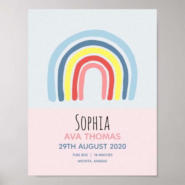 Girls Cute Rosa Rainbow Birth Stats Baby Nursery Poster (Framsidan)