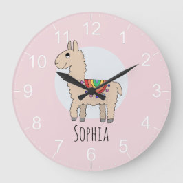 Girls Cute Rosa Rainbow Llama och Namn Kids Stor Klocka