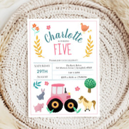 Girls Cute Rosa Rustic Farm Tractor Birthday Inbjudningar