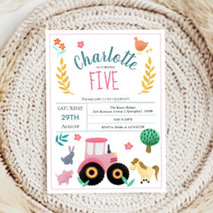Girls Cute Rosa Rustic Farm Tractor Birthday Inbjudningar