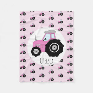 Girls Cute Rosa Tractor Mönster med Namn barn Fleecefilt