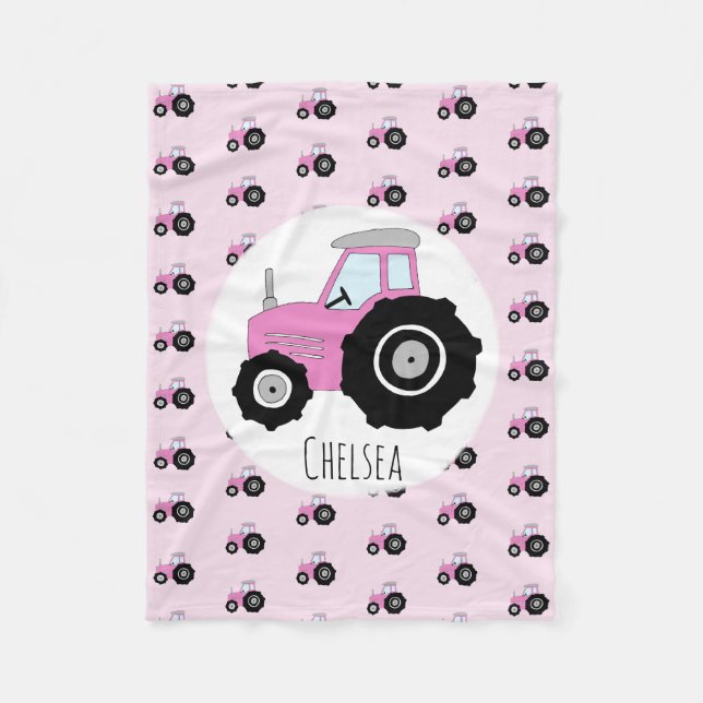 Girls Cute Rosa Tractor Mönster med Namn barn Fleecefilt (Framsidan)