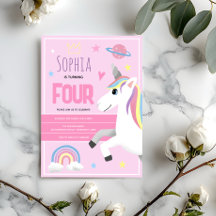 Girls Cute Rosa Unicorn Kids 4e födelsedagen