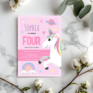 Girls Cute Rosa Unicorn Kids 4e födelsedagen Inbjudningar