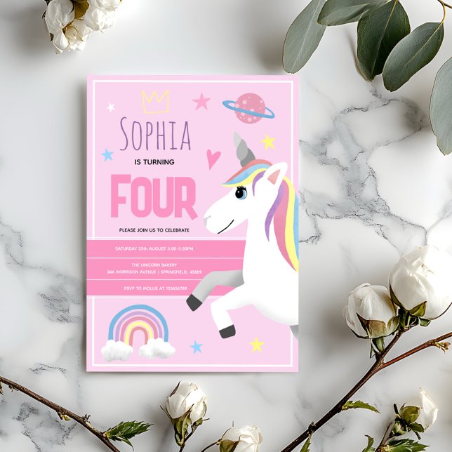 Girls Cute Rosa Unicorn Kids 4e födelsedagen Inbjudningar (Skapare uppladdad)