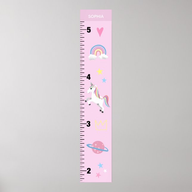 Girls Cute Rosa Unicorn Kids Growth Diagram Poster (Framsidan)