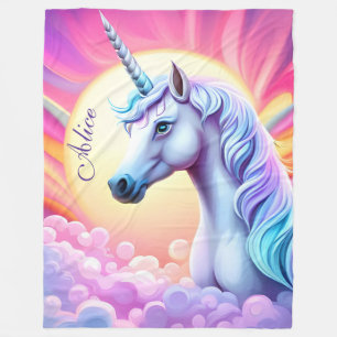 Girls Cute Rosa Unicorn och Namn Sherpa Blanket Fleecefilt