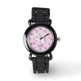 Girls Cute Rosa Unicorn Rainbow & Namn Kids Armbandsur