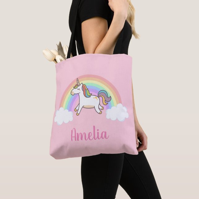 Girls Cute Rosa Unicorn Rainbow Personlig Tygkasse (Närbild)
