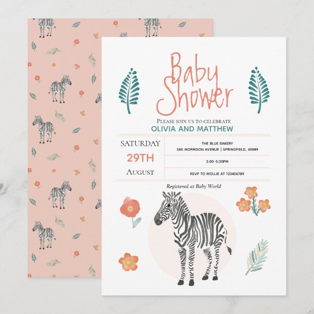 Girls Cute Rosa Zebra Safari Jungle Baby Shower Inbjudningar (Fram/baksida)