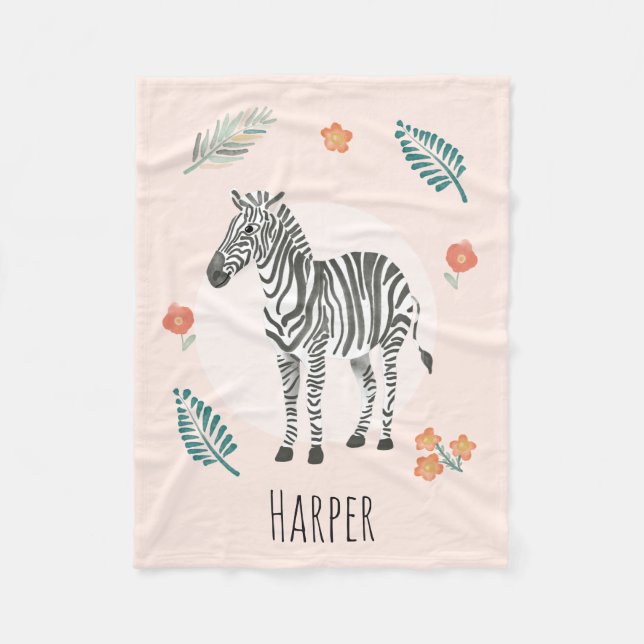 Girls Cute Rosa Zebra Watercolor Safari Fleecefilt (Framsidan)