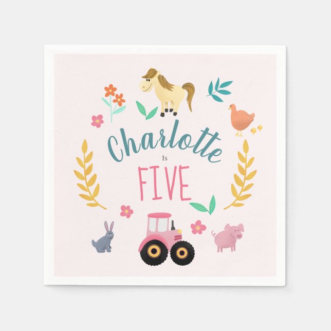Girls Cute Rustic Pink Farm Animals Kids Birthday Pappersservett (Framsidan)