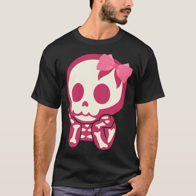 Girls Cute Skull Xray Rosa Bow Tie Skeleton T Shirt (Framsida)