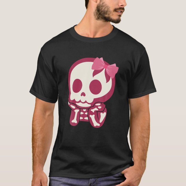 Girls Cute Skull Xray Rosa Bow Tie Skeleton T Shirt (Framsida)