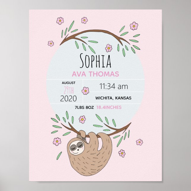 Girls Cute Sleeping Birth Stats Baby Nursery Poster (Framsidan)
