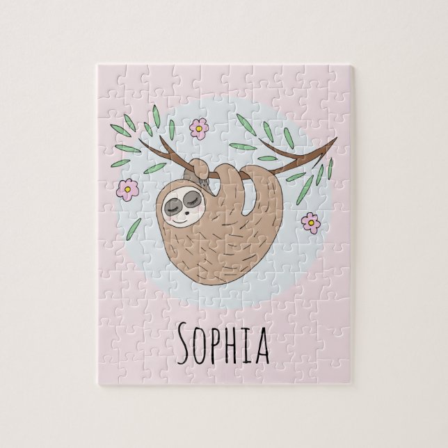 Girls Cute Sleeping Sloth med Namn Kids Pussel (Vertikal)