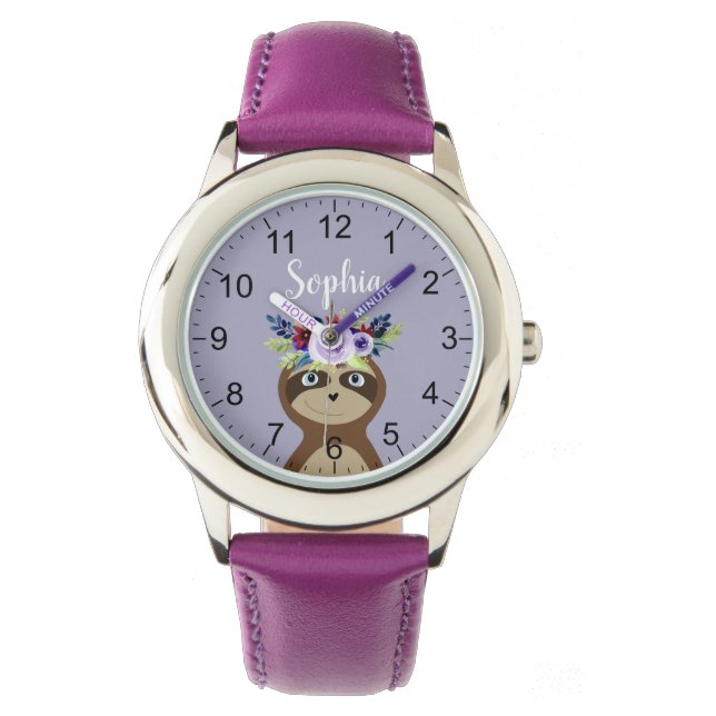 Girls Cute Sloth Watercolor Flowers & Namn Kids Armbandsur (Framsida)