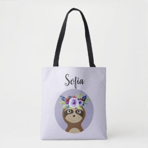 Girls Cute Sloth Watercolor Flowers & Namn Tygkasse