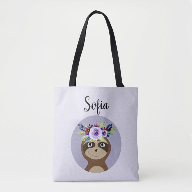 Girls Cute Sloth Watercolor Flowers & Namn Tygkasse (Framsida)