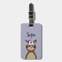 Girls Cute Sloth Watercolor Flowers och Namn