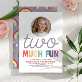 Girls Cute Two Much Fun Rainbow Photo 2nd Birthday Inbjudningar