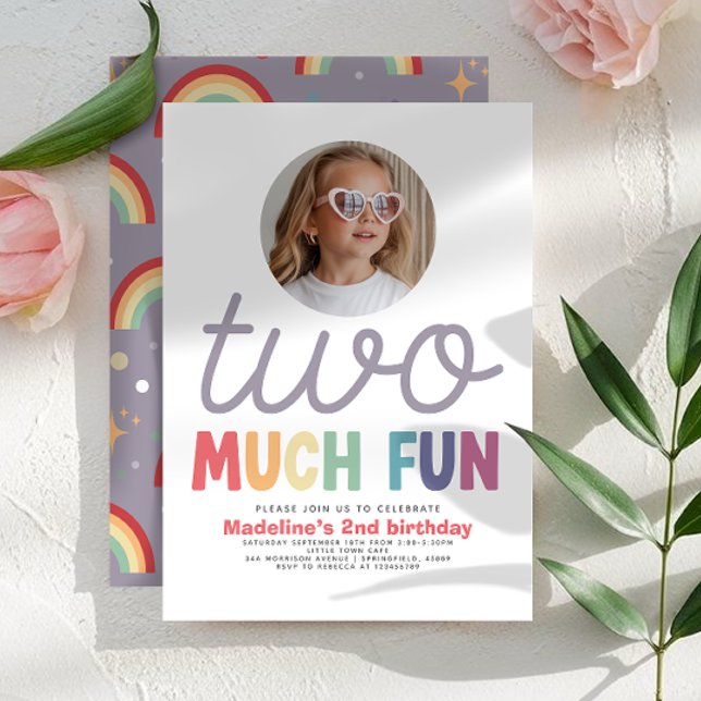 Girls Cute Two Much Fun Rainbow Photo 2nd Birthday Inbjudningar (Skapare uppladdad)