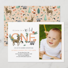 Girls Cute Vild 1 Woodland Animals 1:a födelsedage Inbjudningar
