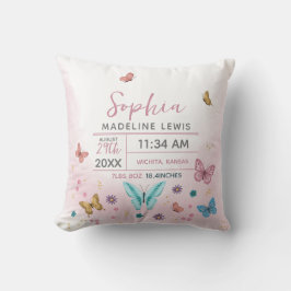Girls Cute Whimsical Rosa Butterfly Birth Stats Kudde