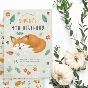 Girls Cute Woodland Forest Fox 4e födelsedagen Inbjudningar