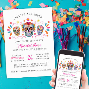Girls Dia de los Muertos Skull Födelsedagsfest Inbjudningar