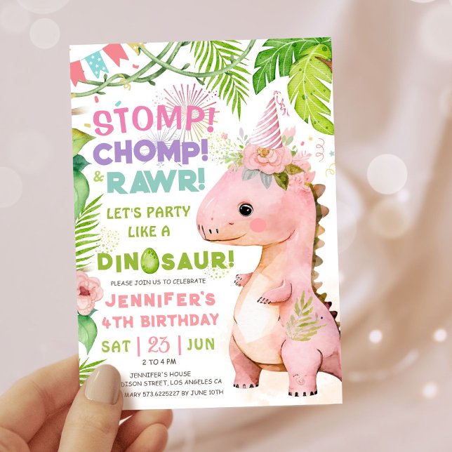 Girls Dinosaur 4e födelsedagen Party Cute Rosa Din Inbjudningar (#DinosaurBirthdayInvitation #DinosaurBirthdayInvite #GirlDinosaurBirthdayInvitation
)