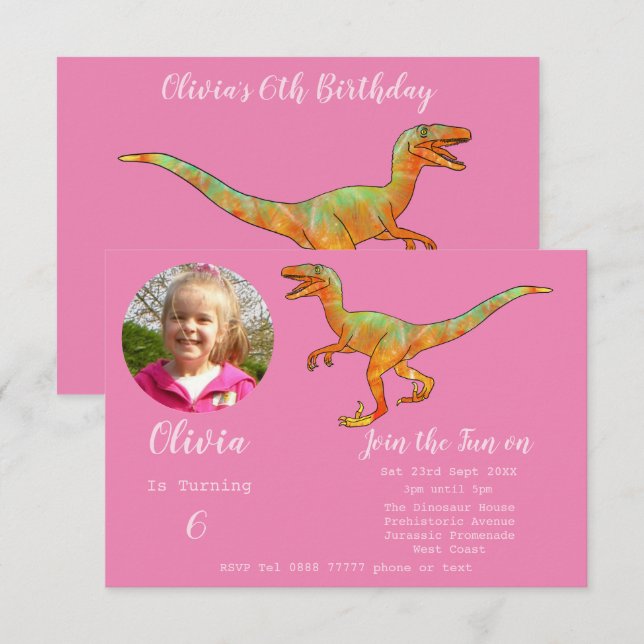 Girls Dinosaur Birthday Velociraptor Party Rosa Inbjudningar (Fram/baksida)