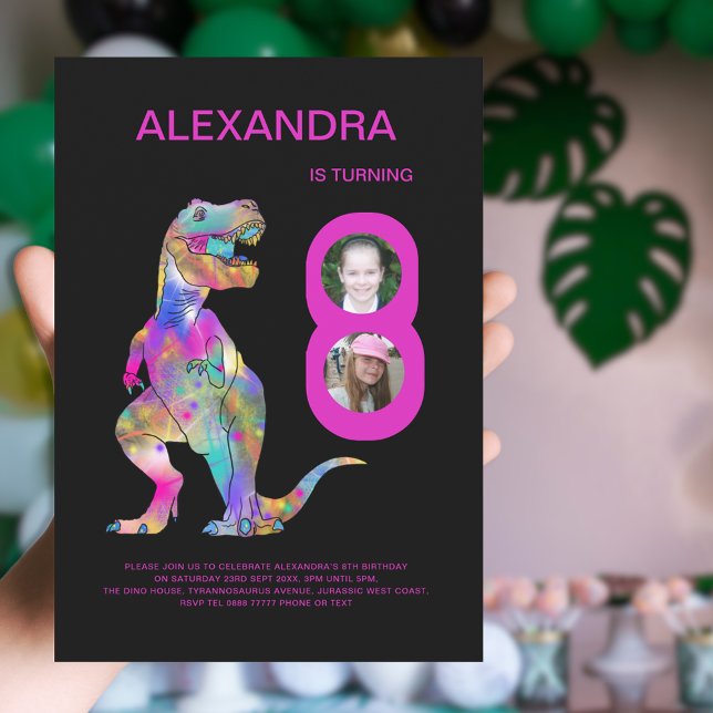 Girls Dinosaur Photo Collage 8:e Födelsedagsfesten Inbjudningar (T-Rex Dinosaur girls 8th birthday party pink and black invitation colorful dino watercolor)