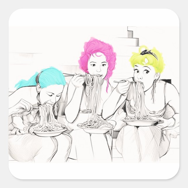 GIRLS EATING SPAGHETTI FYRKANTIGT KLISTERMÄRKE (Framsida)