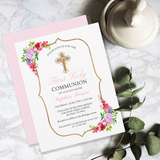 Girls Elegant Rosa Blommigt First Heliga Communion Inbjudningar (Skapare uppladdad)